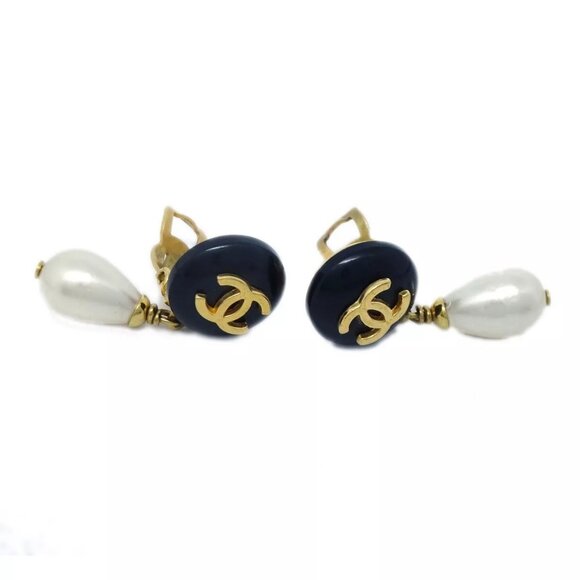 Chanel Artificial Pearl Dangle Earrings Clip-On Gold 96P 29890 - Picture 4 of 4